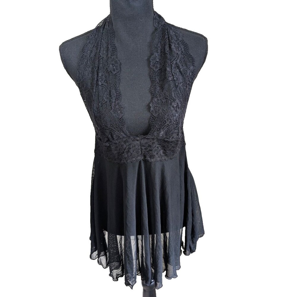 Rene Rofe Lingerie Halter Top Black Mesh Sheer Rave Festival Large